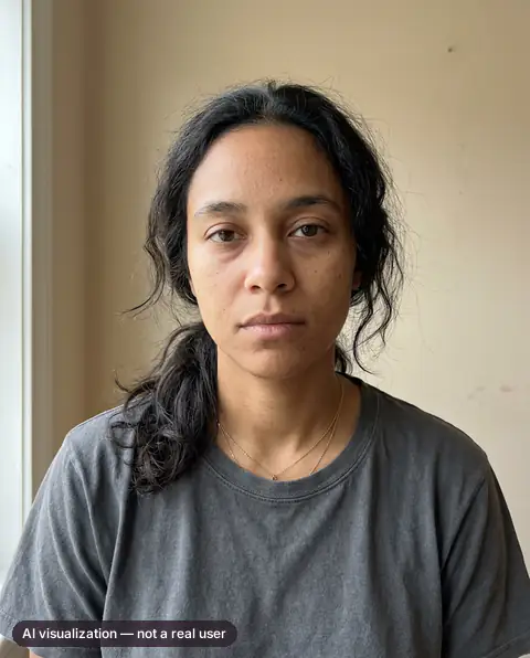 Day 1: AI visualization of a fictional adult model, not a real user. Hair loosely tied, grey t-shirt, flat indoor light, neutral expression.